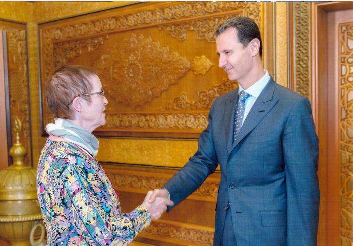 Ingrid Schanche og president  Bashar al- Assad i Syria 																						Foto: Friheten