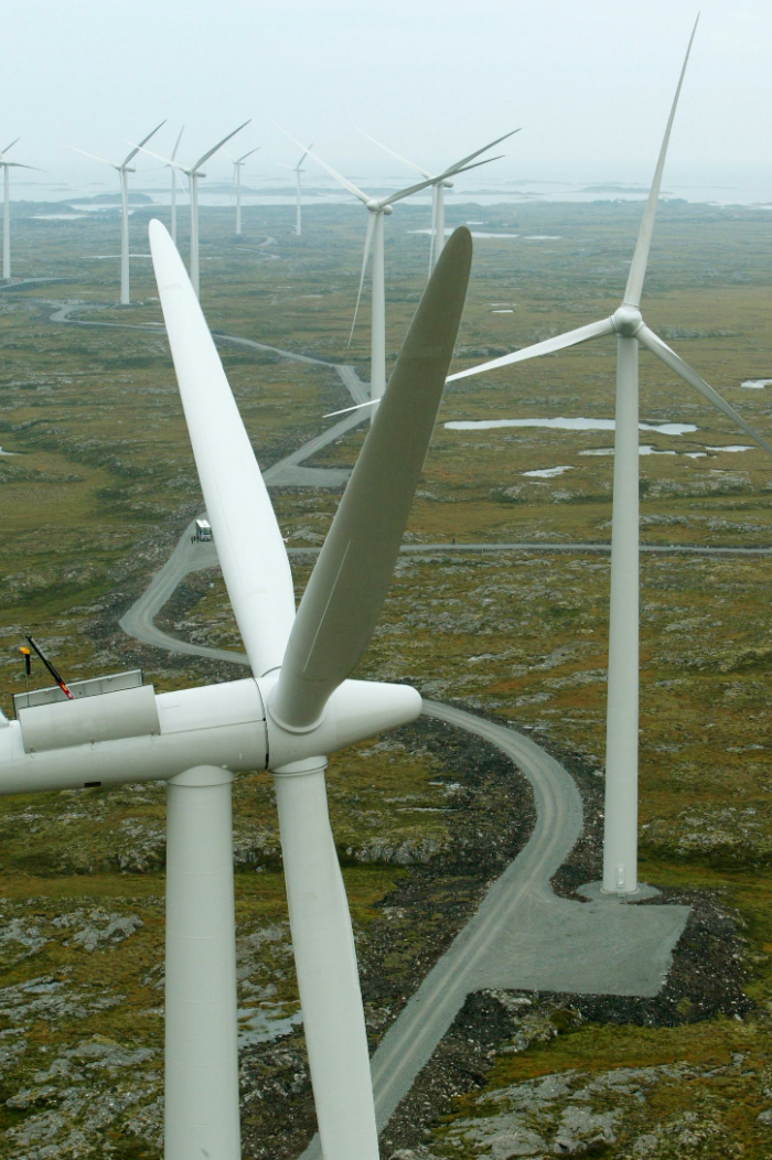 En av Europas største vindmølleparker ble åpnet av kong Harald på Smøla i Møre og Romsdal i 2002, siden er de blitt mange flere og mye større. De 20 vindmøllene vil produsere 120 GWhpr. år, som tilsvarer behovet til ca. 6.000 husstander. 																								Foto: Bjørn Sigurdsøn / SCANPIX
