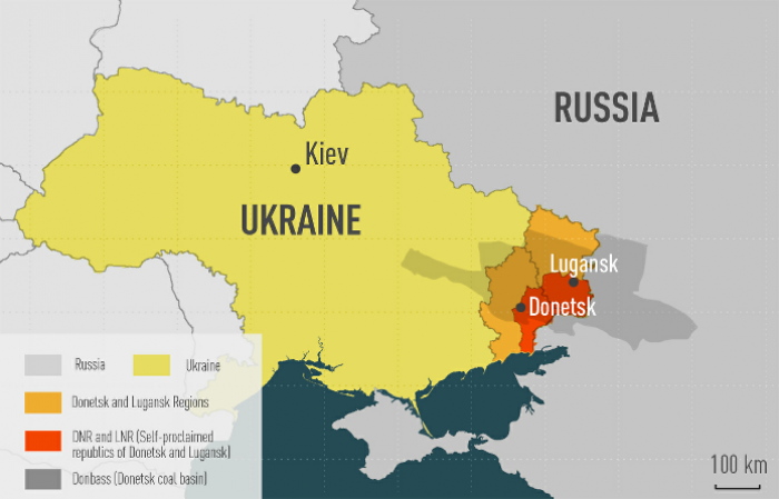 Kart over de omdiskuterte områdene, med Russland/Ukraina, Donetsk og Lugansk, samt kullområdet Donbass i grå. DNR(LNR) i rødt, er de selverklærte republikkene Lugansk og Donetsk.