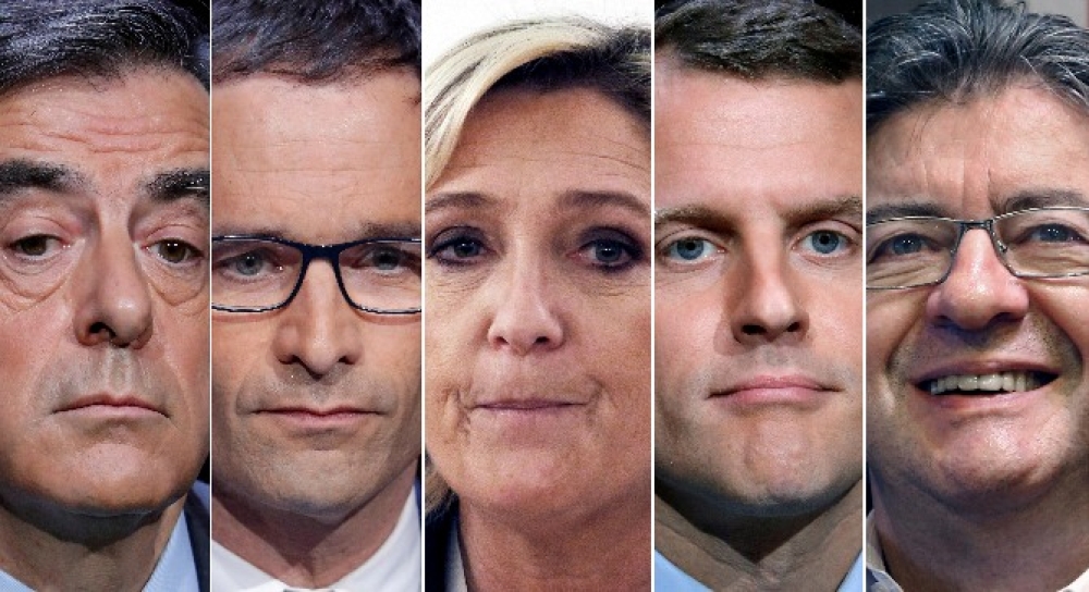 L-R, Francois Fillon, kandidat for det Republikanske partiet, Benoit Hamon, Sosialistenes kandidat, Marine Le Pen, Fransk Nasjonalfronts kandidat, Emmanuel Macron, leder av folkebevegelsen En Marche ! (Fremover!), Jean-Luc Melenchon, kandidat for Venstresiden							REUTERS/Charles Platiau/File Photo